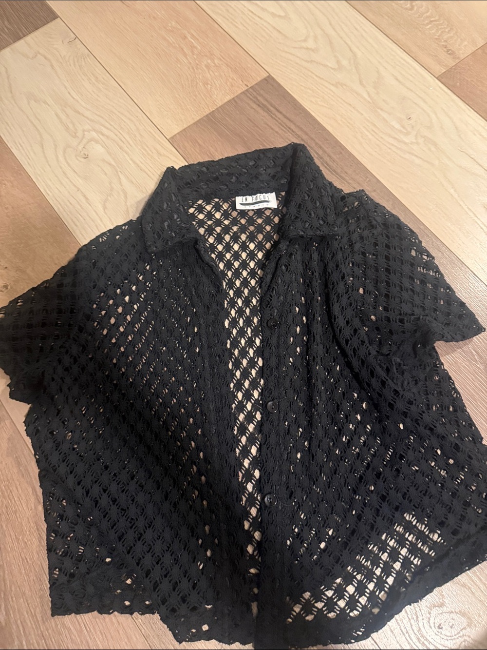 Vintage Black Open-Knit Short Sleeve Button Shirt